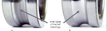 Figure 4. a &ndash; This ball bearing shows damage due to wear and tear. The running surface of the balls clearly shows pitting. Bearing type: Nr. 6205 (d = 25 mm, D = 52 mm) Lubricant: Special bearing grease Operating time: 50 hours Rotational speed: 500 min-1 Nominal load: 5.000 N radial (range of fatigue) b &ndash; This ball bearing does not show any wear. The running surface of the balls clearly shows a wear resistant coating. Bearing type: Nr. 6205 (d = 25 mm, D = 52 mm) Lubricant: Special bearing grease treated with REWITEC Operating time: 50 hours Rotational speed: 500 min-1 Nominal load: 5.000 N radial (range of fatigue)
